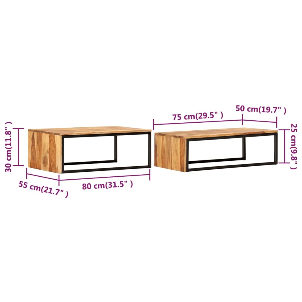 Brown Set of 2 Solid Sheesham Wood Nesting Coffee Tables I912