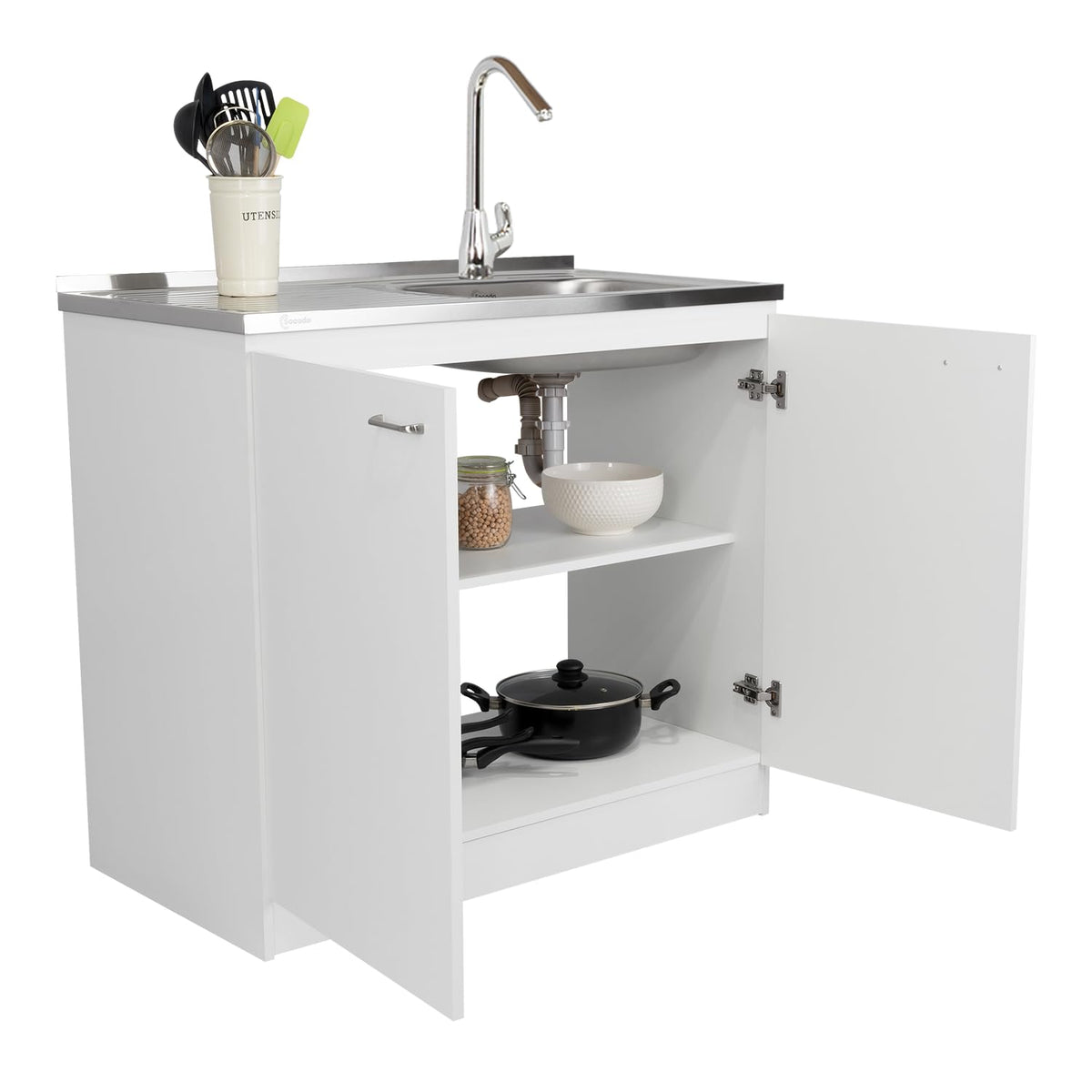 White 39 in Kitchen Sink Cabinet with Stainless Steel Top X86612