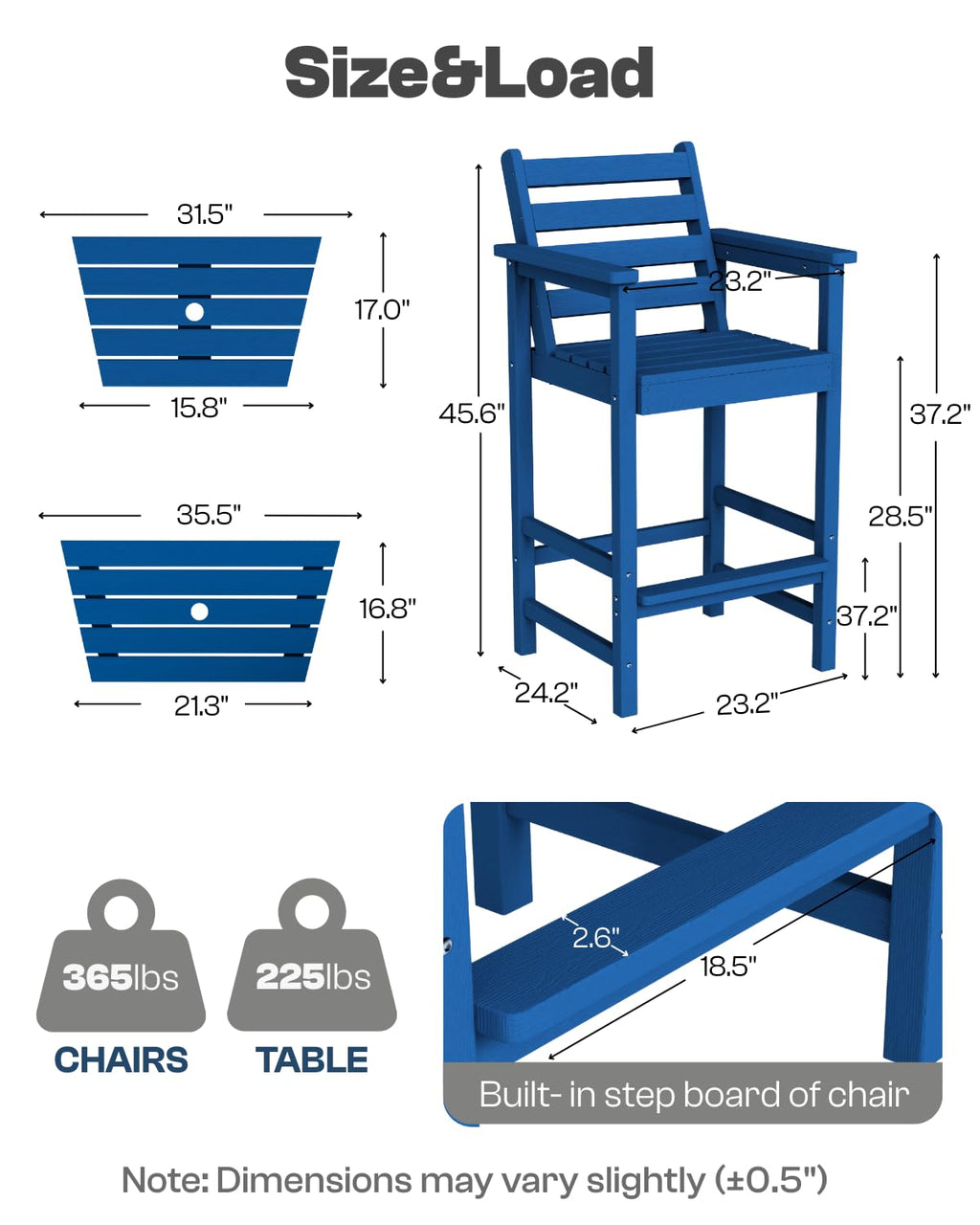 Tall Adirondack Chairs Set of 2, Bar Height HDPE Outdoor Chairs with Connecting Tray & Umbrella Hole, Navy Blue J73678