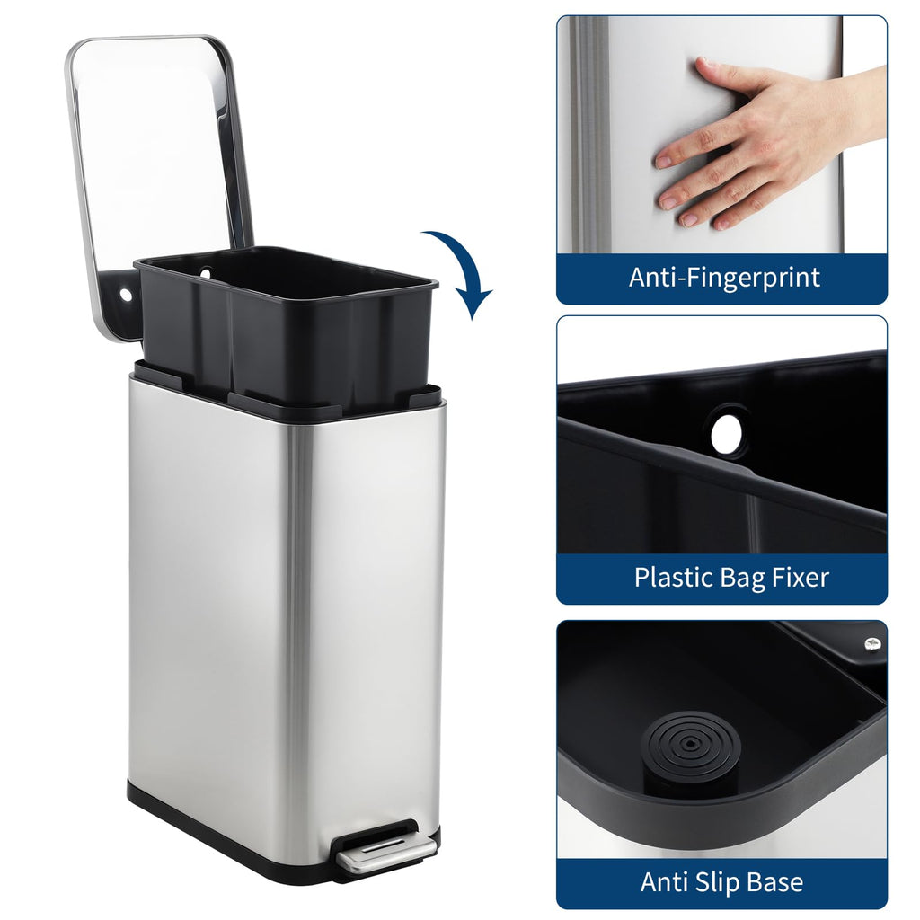 50L Slim Stainless Steel Step Trash Can with Soft-Close Lid K446342