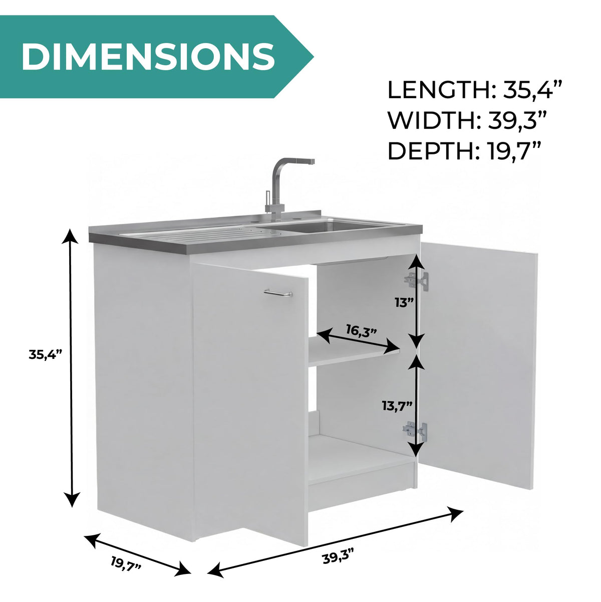 White 39 in Kitchen Sink Cabinet with Stainless Steel Top X86612