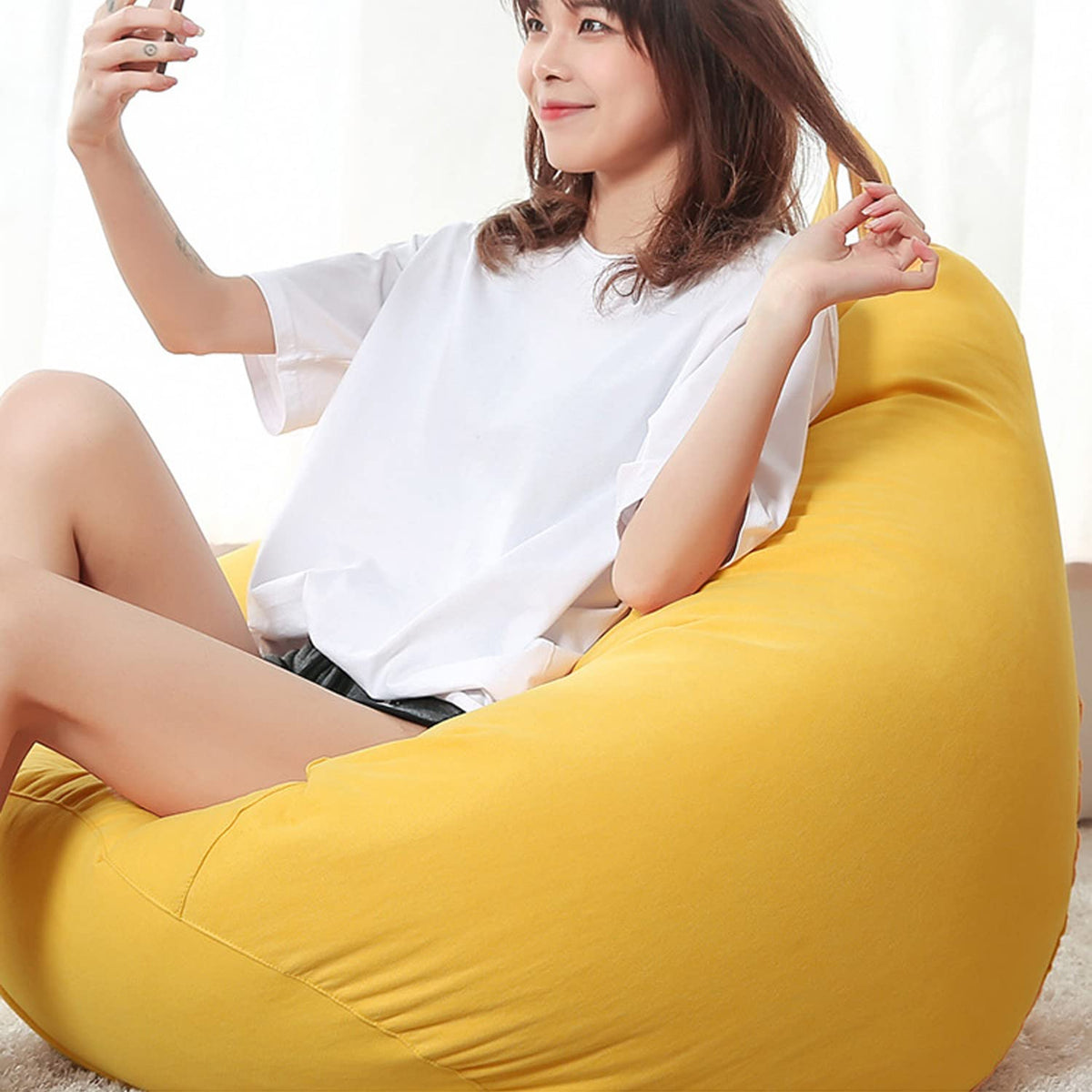 Yellow Bean Bag Chair Cover Only Washable Stuffed Animal Storage 90x110cm B2171