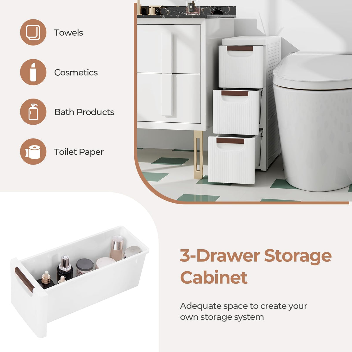 White 3 Drawer Narrow Storage Cabinet A46685