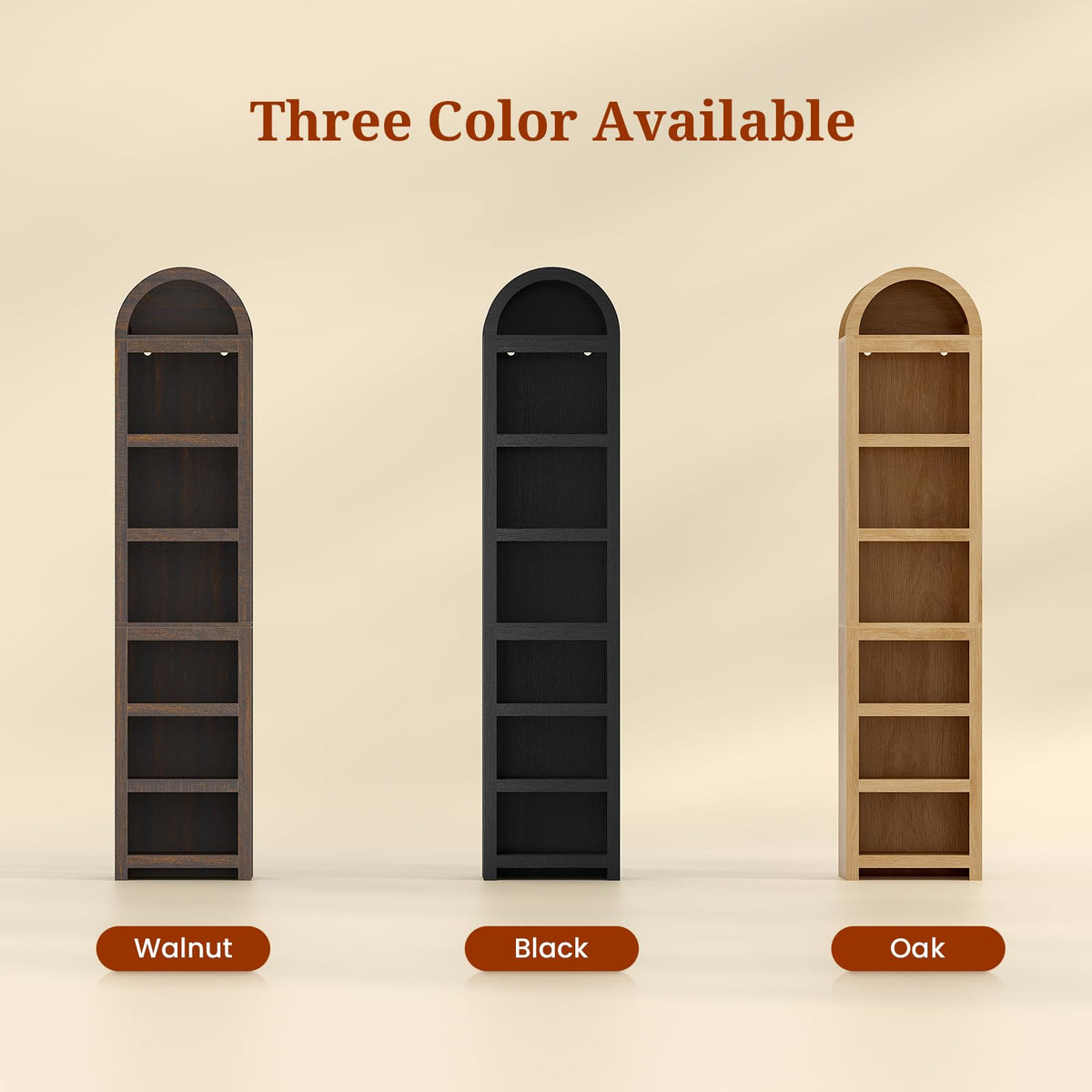76" Tall Narrow Arched Bookcase, 7-Tier Adjustable Shelves, Black J5143