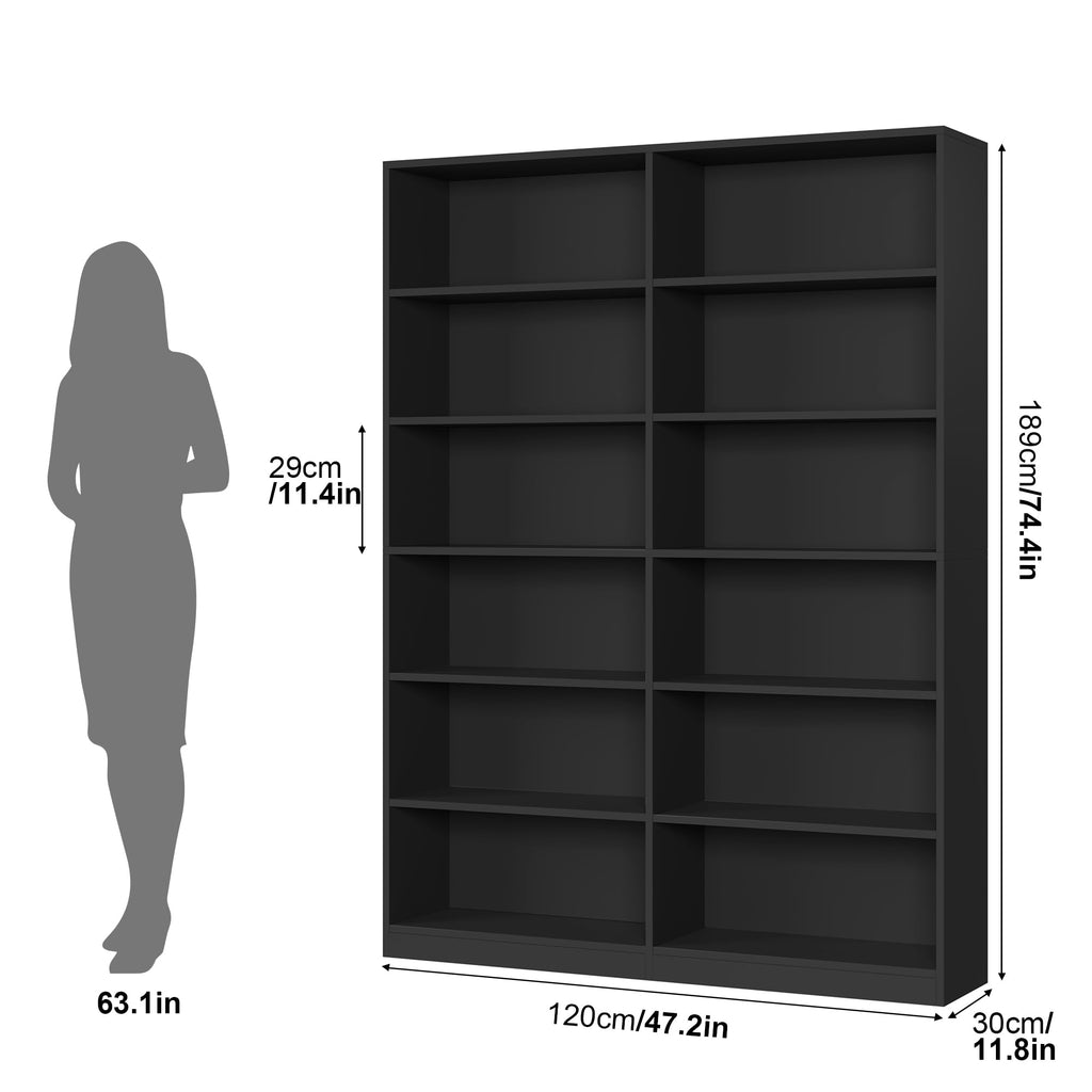 Black 6-Tier Double Wide Bookshelf C8588
