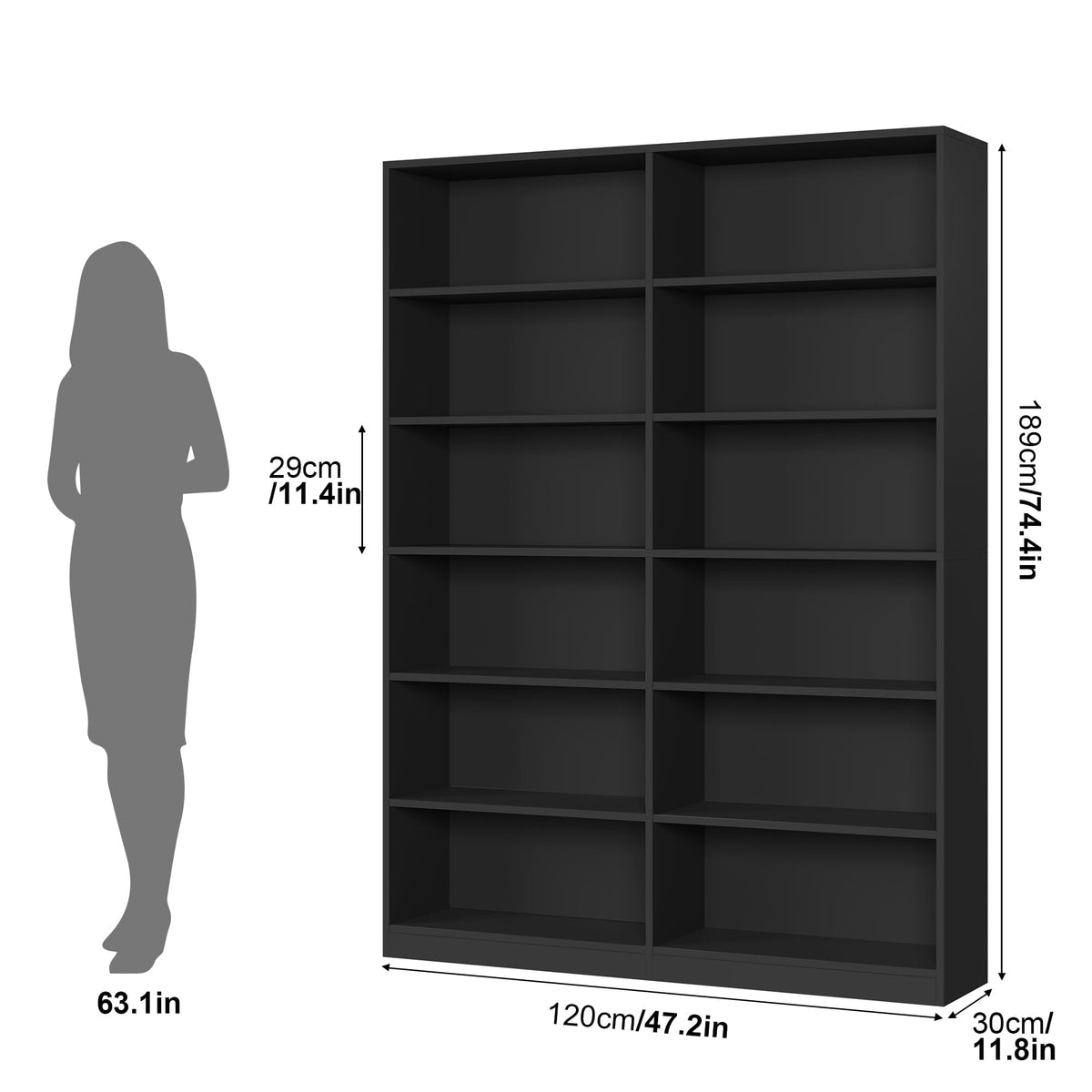 Black 6-Tier Double Wide Bookshelf C8588