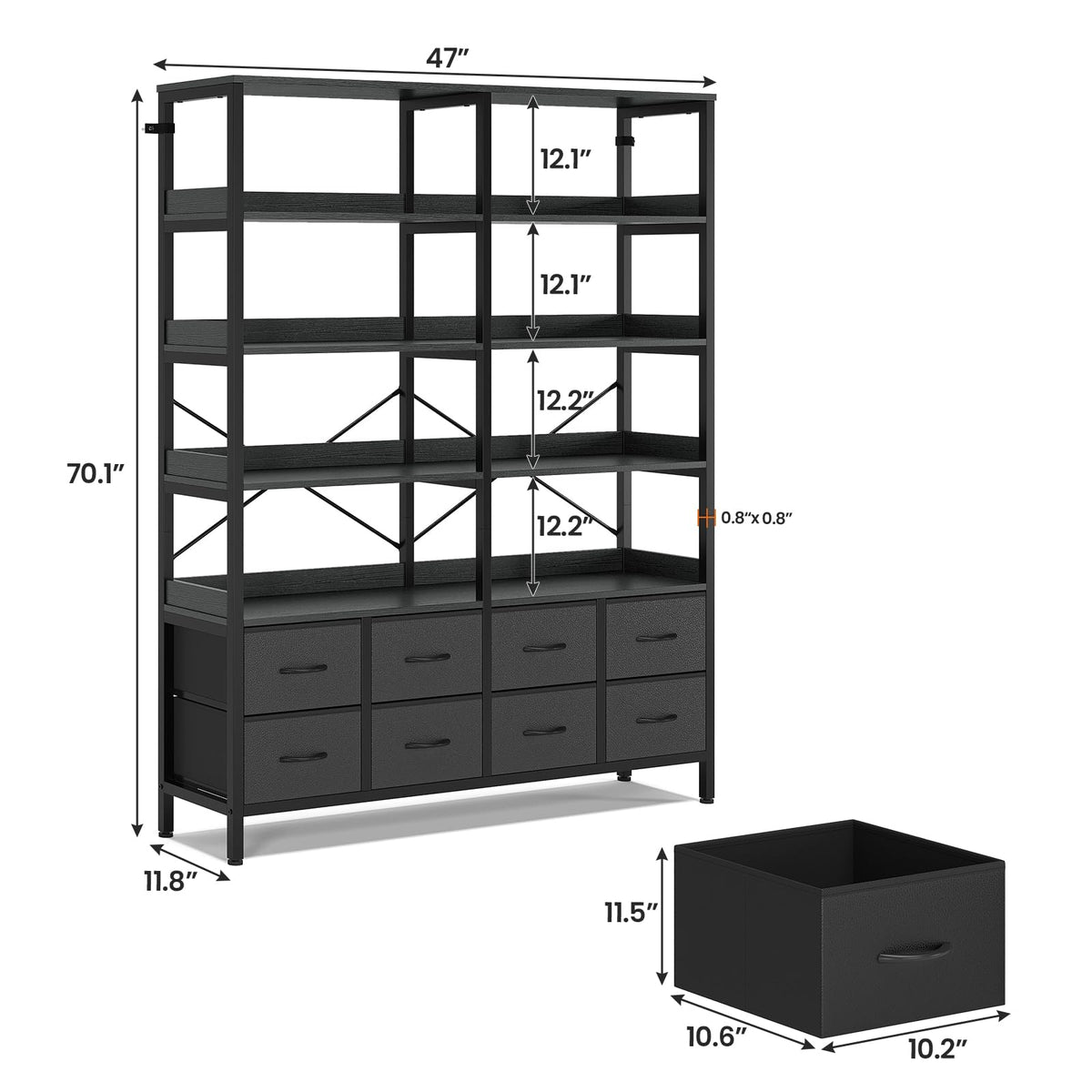 Black 8 Fabric Drawer 7-Tier Bookshelf Z50540