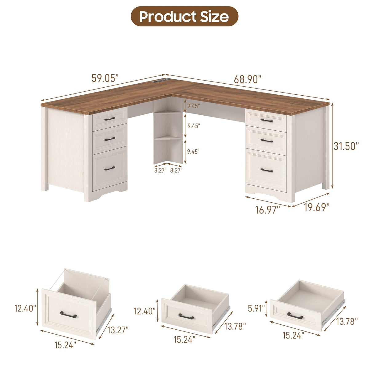 Brown L Shaped Executive Desk with 6 Drawers G65907