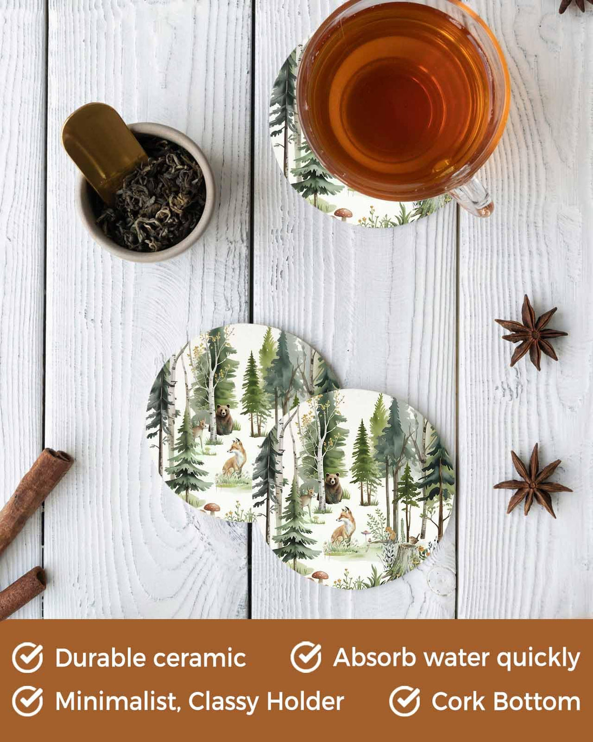 Absorbent Stone Ceramic Coaster with Cork Back, Set of 8 K41814