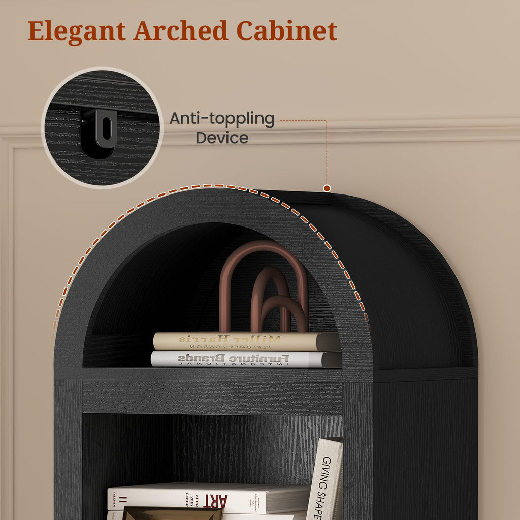 76" Tall Narrow Arched Bookcase, 7-Tier Adjustable Shelves, Black J5143