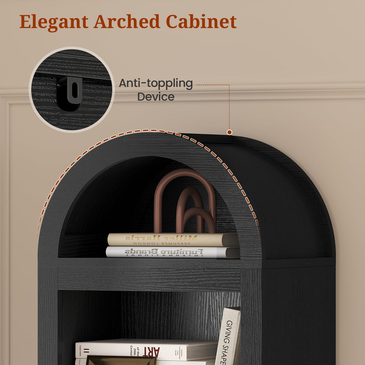 76" Tall Narrow Arched Bookcase, 7-Tier Adjustable Shelves, Black J5143