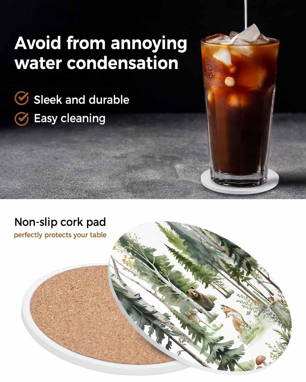 Absorbent Stone Ceramic Coaster with Cork Back, Set of 8 K41814