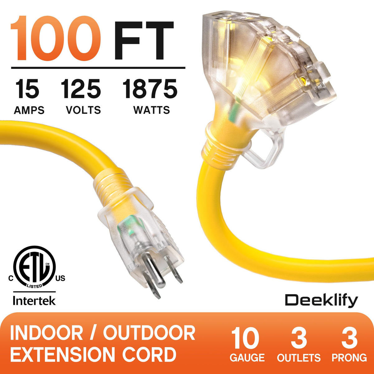 100FT 10 Gauge Extension Cord with Multiple Outlets Yellow N474738