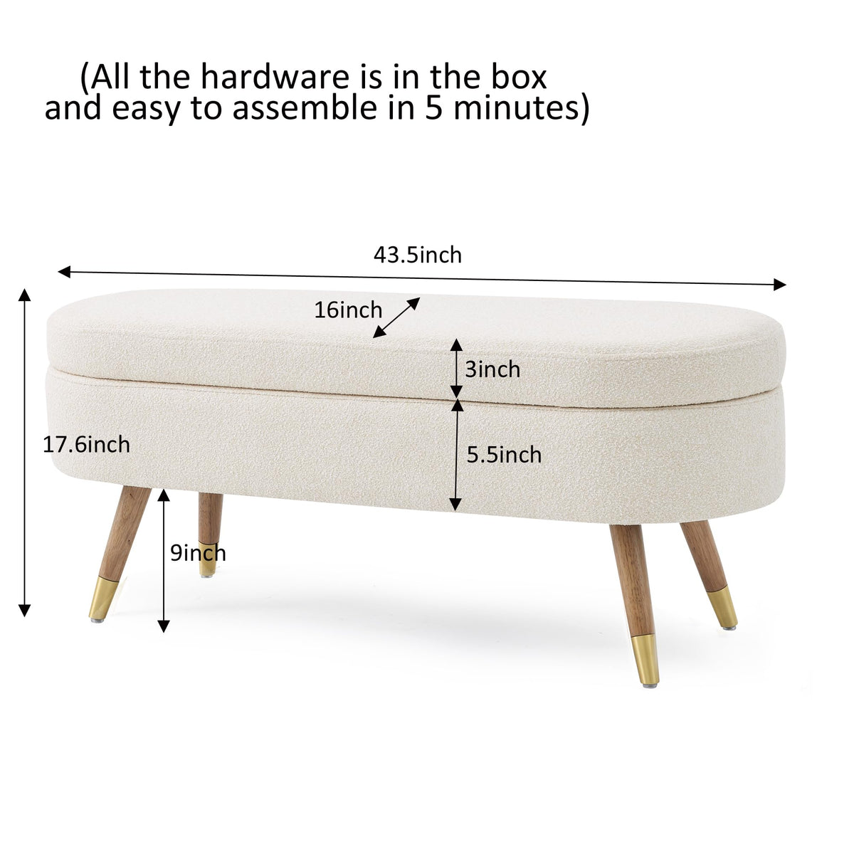 Beige Boucle Upholstered Oval Storage Bench I759118