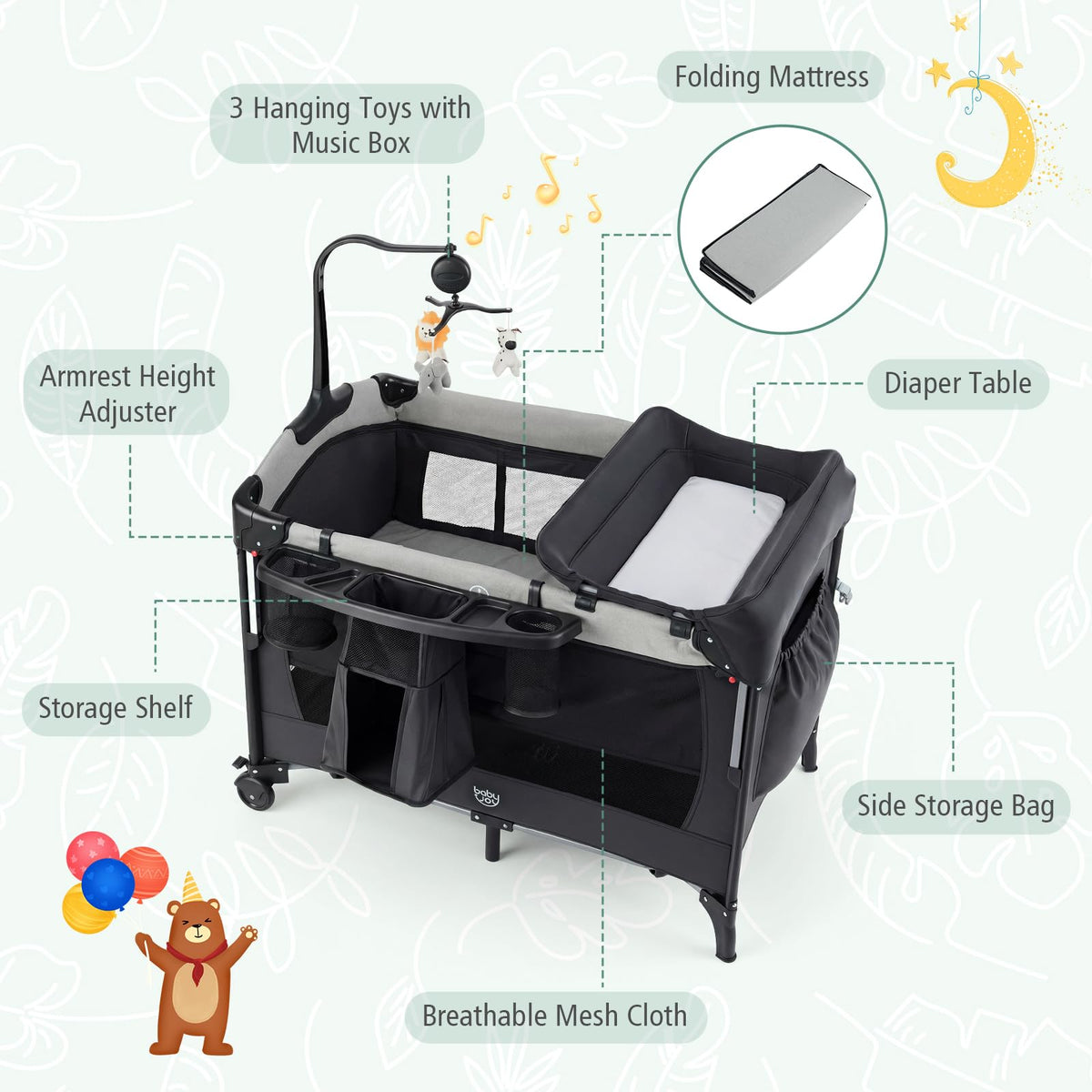 5-in-1 Pack and Play Bassinet Playard with Diaper Changer Q99814