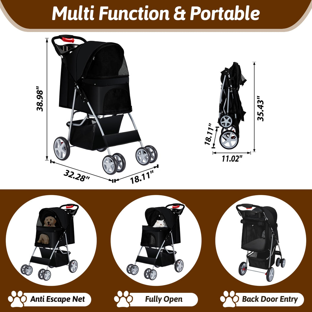 Foldable Pet Stroller 4 Wheels Black C453