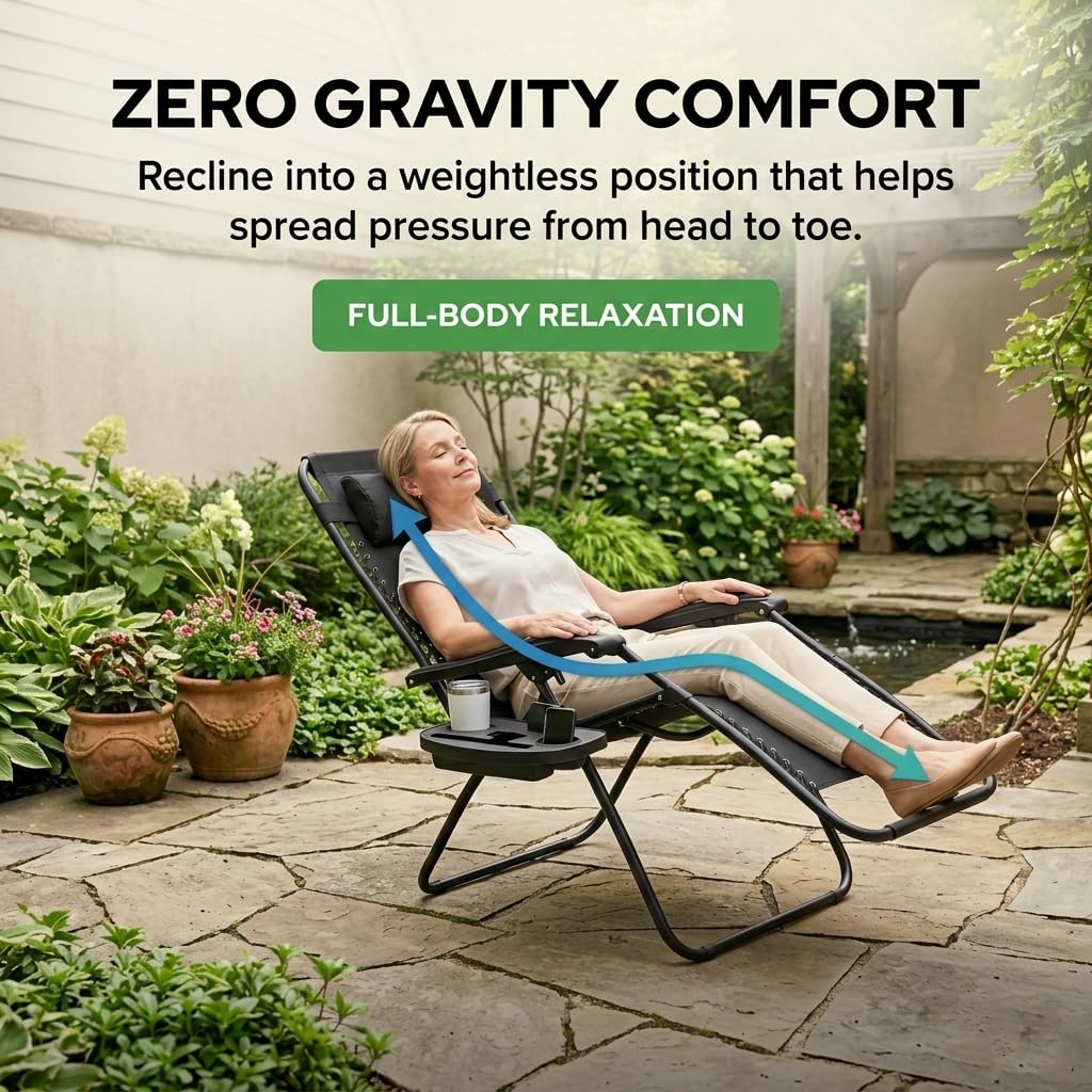 Black Zero Gravity Lounge Chair with Pillow & Cup Holder D53649