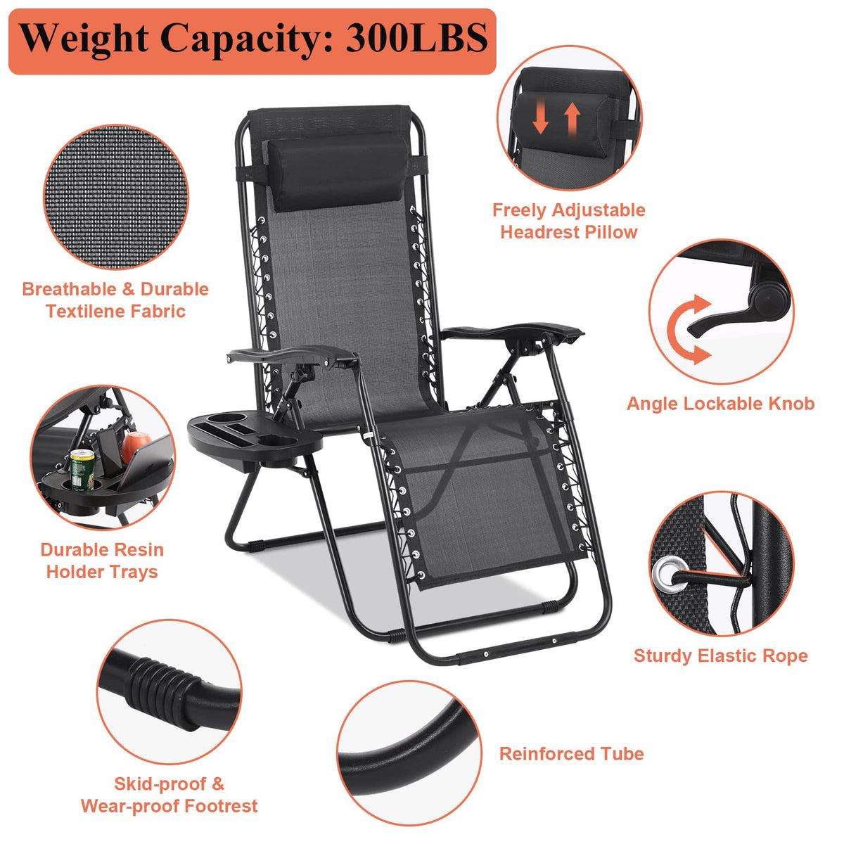 Zero Gravity Chair with Pillow and Cup Holder Trays, Black Z9667