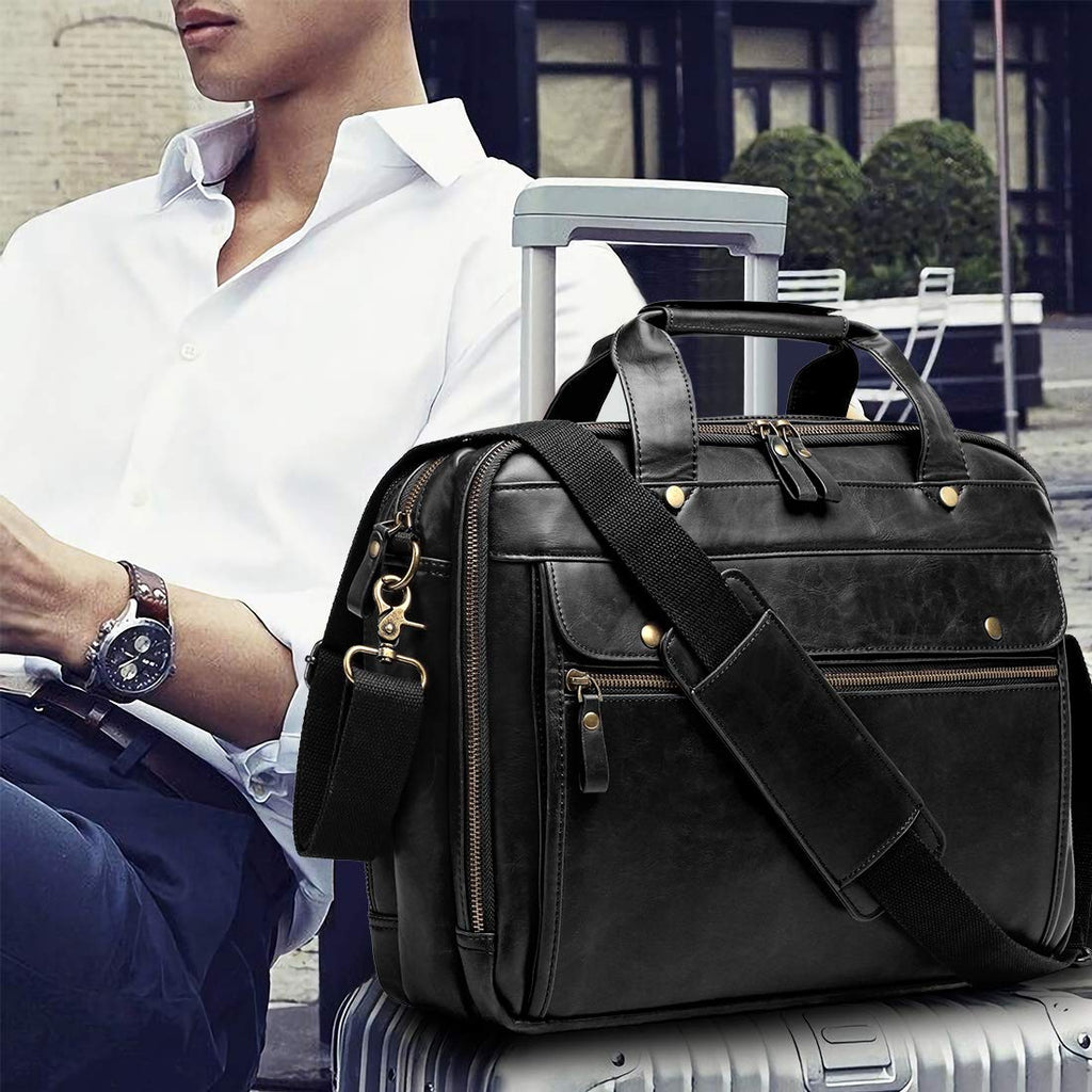 Black Leather 15.6 Inch Laptop Messenger Bag Y57453