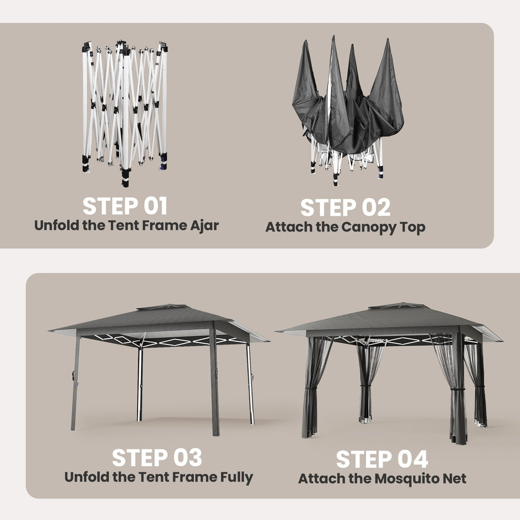13x13 Pop Up Gazebo Tent with Mosquito Netting Grey T11332