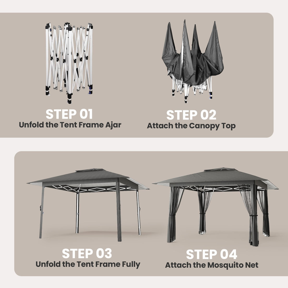 13x13 Pop Up Gazebo Tent with Mosquito Netting Grey T11332