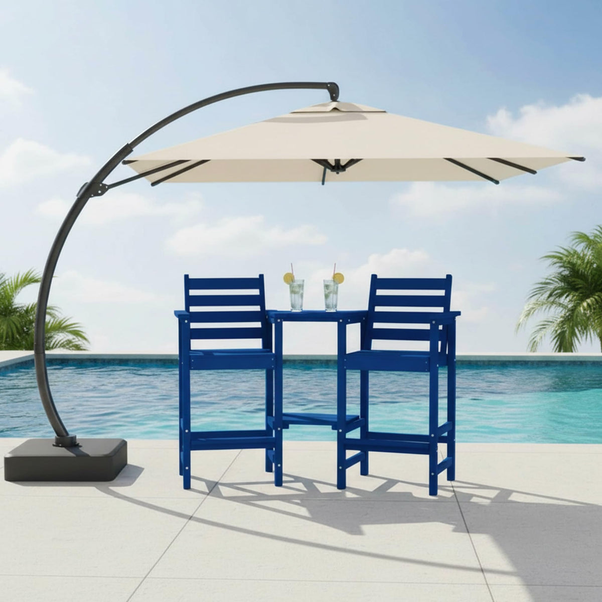 Tall Adirondack Chairs Set of 2, Bar Height HDPE Outdoor Chairs with Connecting Tray & Umbrella Hole, Navy Blue J73678