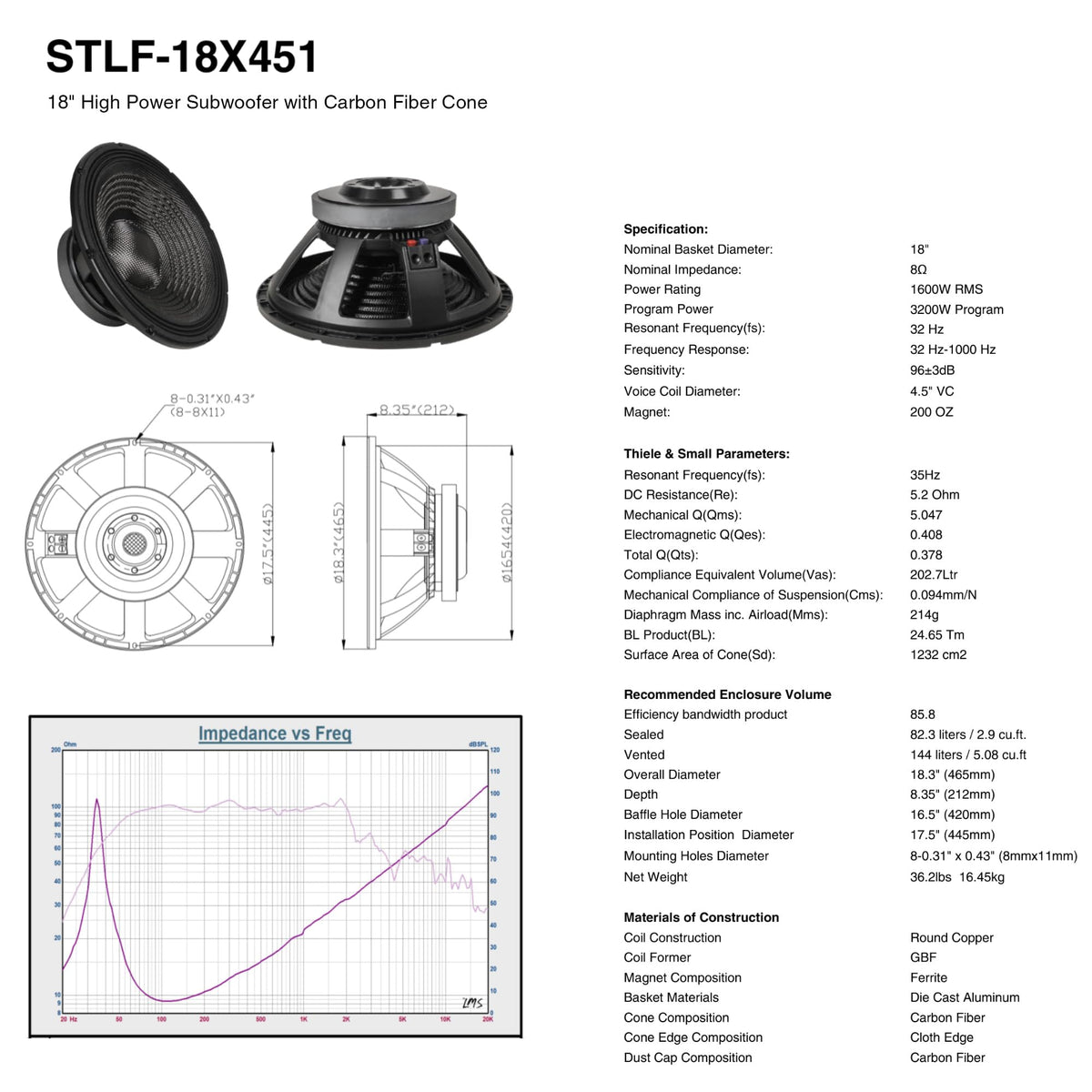18" 1600W Cast Aluminum Frame Carbon Fiber Cone Woofer P3297