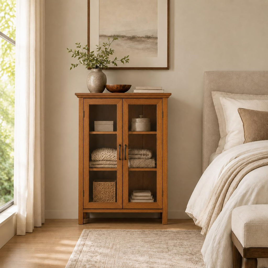 Wooden Freestanding Floor Cabinet with 2 Adjustable Shelves and 2 Glass Paneled Doors H264687