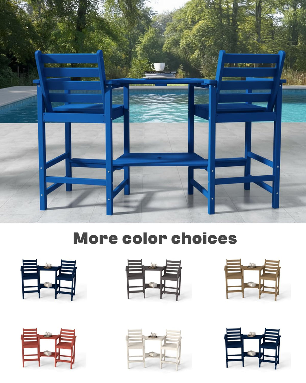 Tall Adirondack Chairs Set of 2, Bar Height HDPE Outdoor Chairs with Connecting Tray & Umbrella Hole, Navy Blue J73678