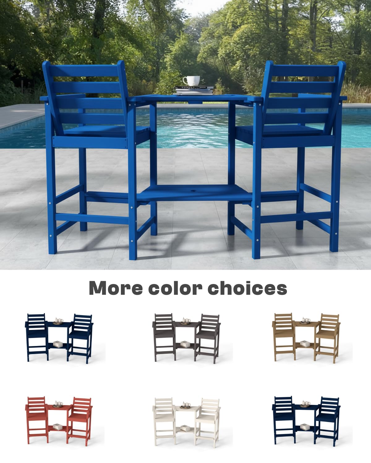 Tall Adirondack Chairs Set of 2, Bar Height HDPE Outdoor Chairs with Connecting Tray & Umbrella Hole, Navy Blue J73678