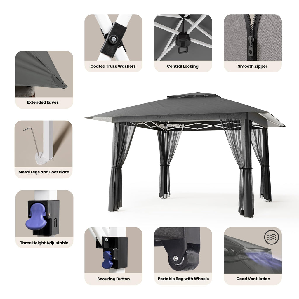 13x13 Pop Up Gazebo Tent with Mosquito Netting Grey T11332
