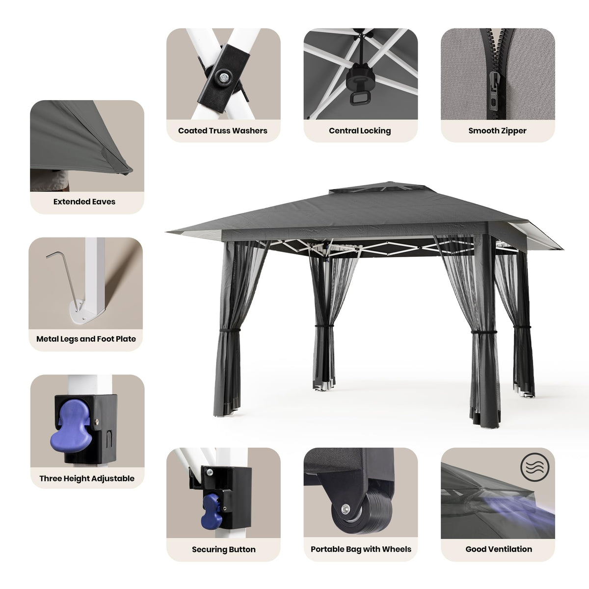 13x13 Pop Up Gazebo Tent with Mosquito Netting Grey T11332