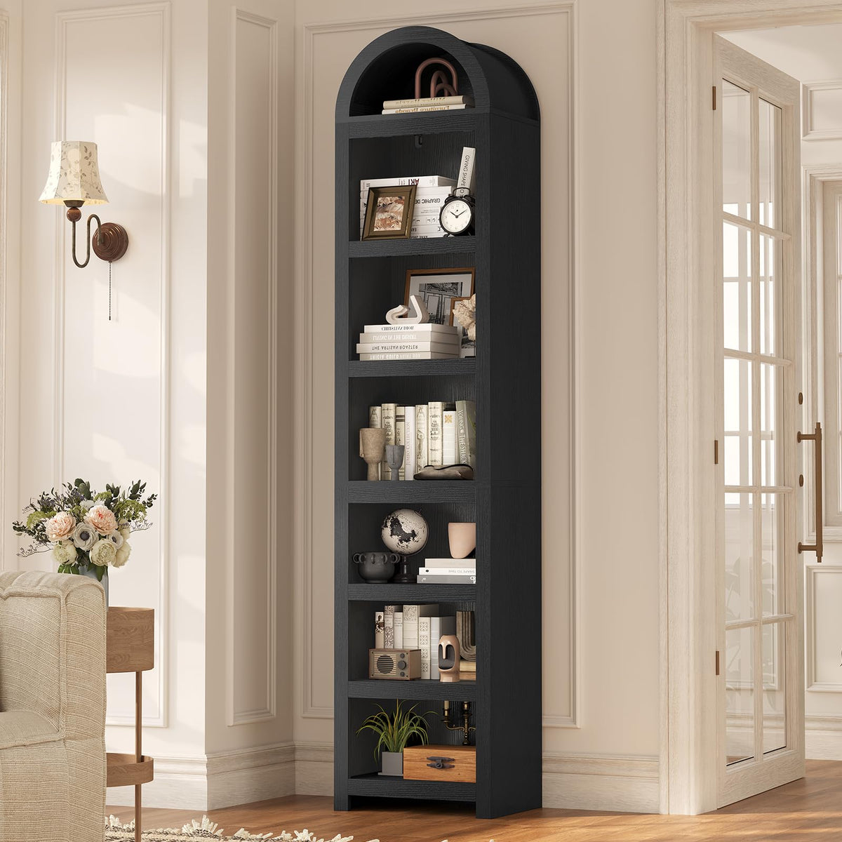76" Tall Narrow Arched Bookcase, 7-Tier Adjustable Shelves, Black J5143