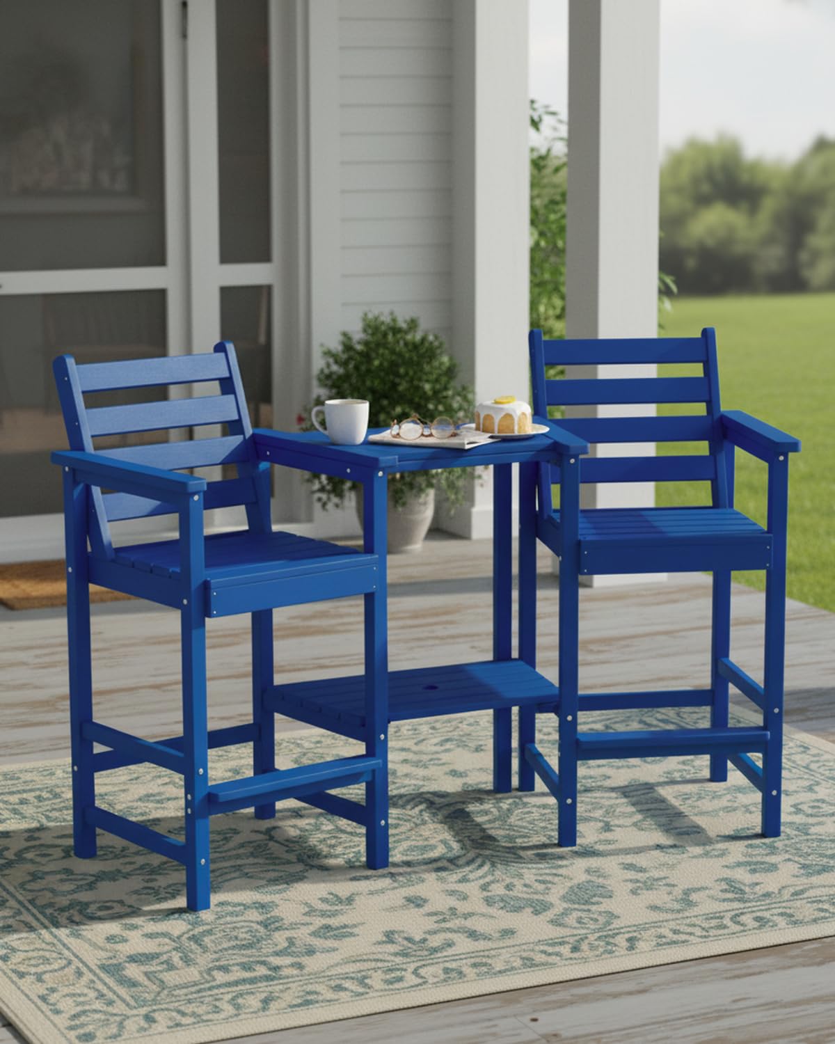 Tall Adirondack Chairs Set of 2, Bar Height HDPE Outdoor Chairs with Connecting Tray & Umbrella Hole, Navy Blue J73678