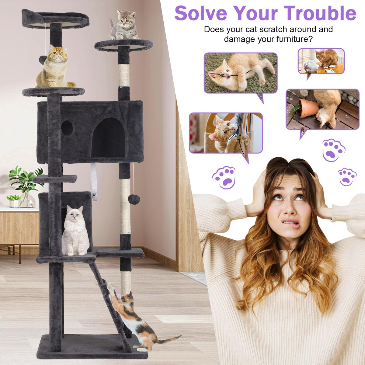 70 Inch Tall Dark Grey Cat Tree Cat Climbing Tower P91003