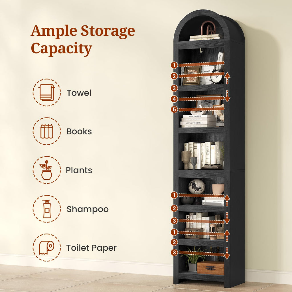 76" Tall Narrow Arched Bookcase, 7-Tier Adjustable Shelves, Black J5143