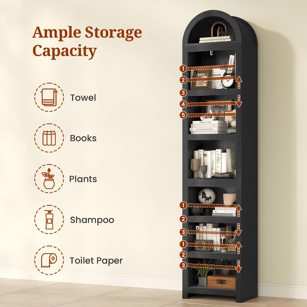 76" Tall Narrow Arched Bookcase, 7-Tier Adjustable Shelves, Black J5143