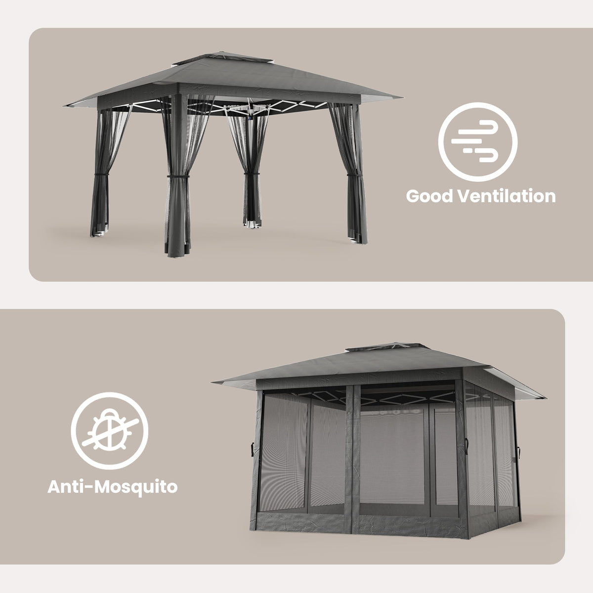13x13 Pop Up Gazebo Tent with Mosquito Netting Grey T11332