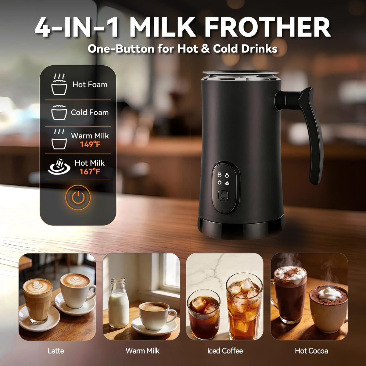 4-in-1 Electric Milk Frother and Steamer Black S27703