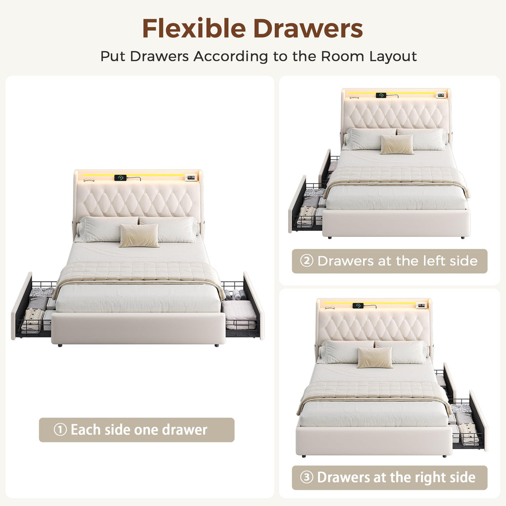 Beige Velvet Upholstered Platform Bed Frame with 2 Storage Drawers E784617