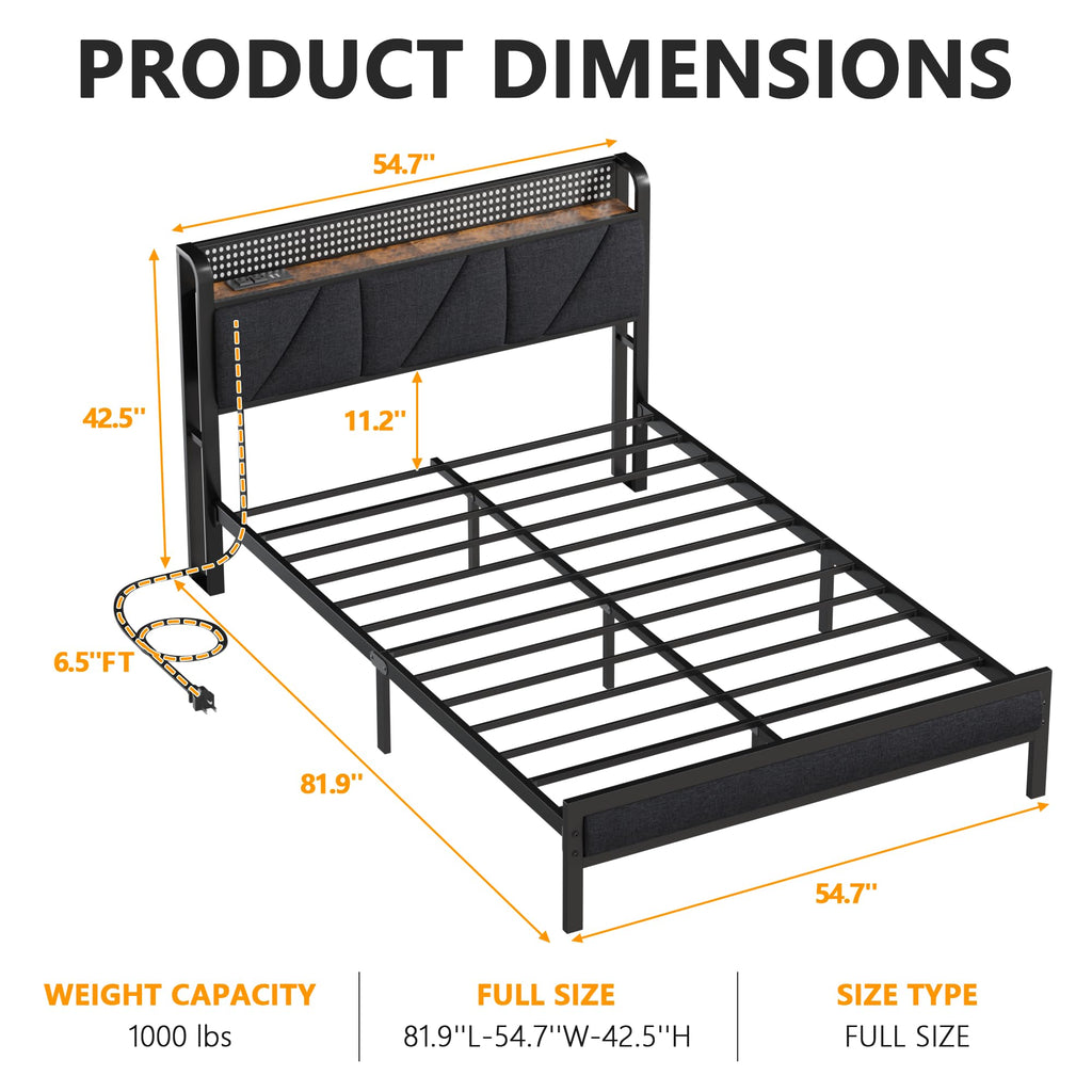 Full Size Bed Frame with Storage Shelf and Upholstered Headboard G987738