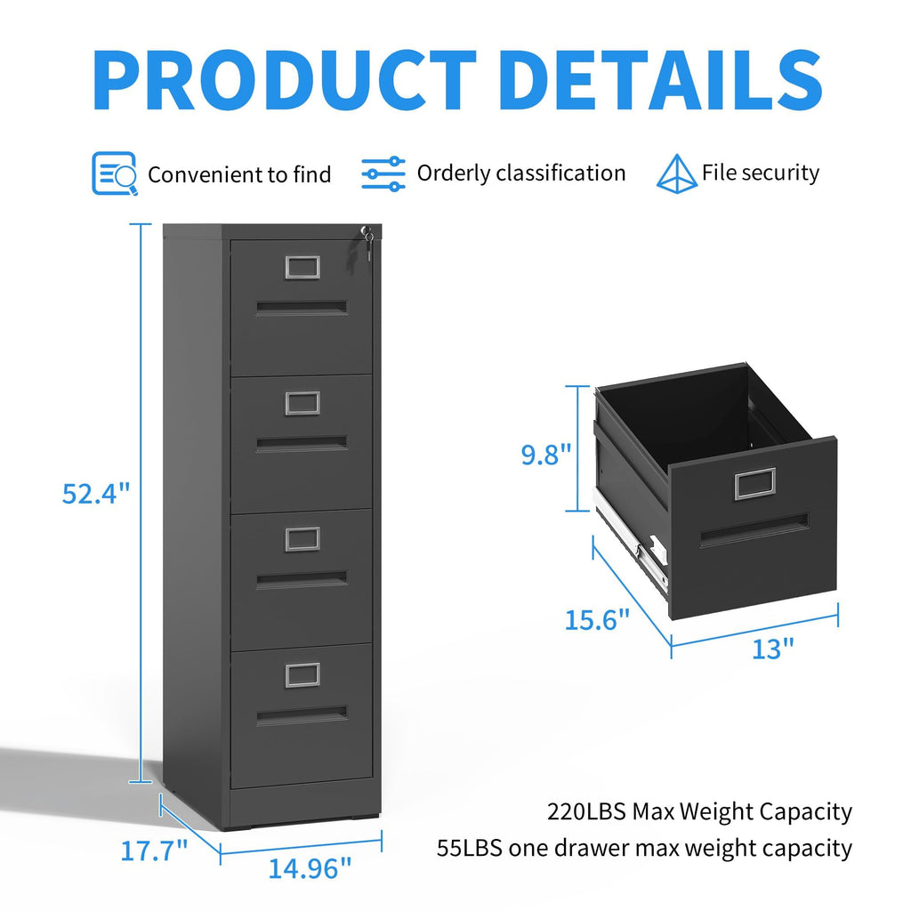 Black 4 Drawer Metal File Cabinet with Lock E408