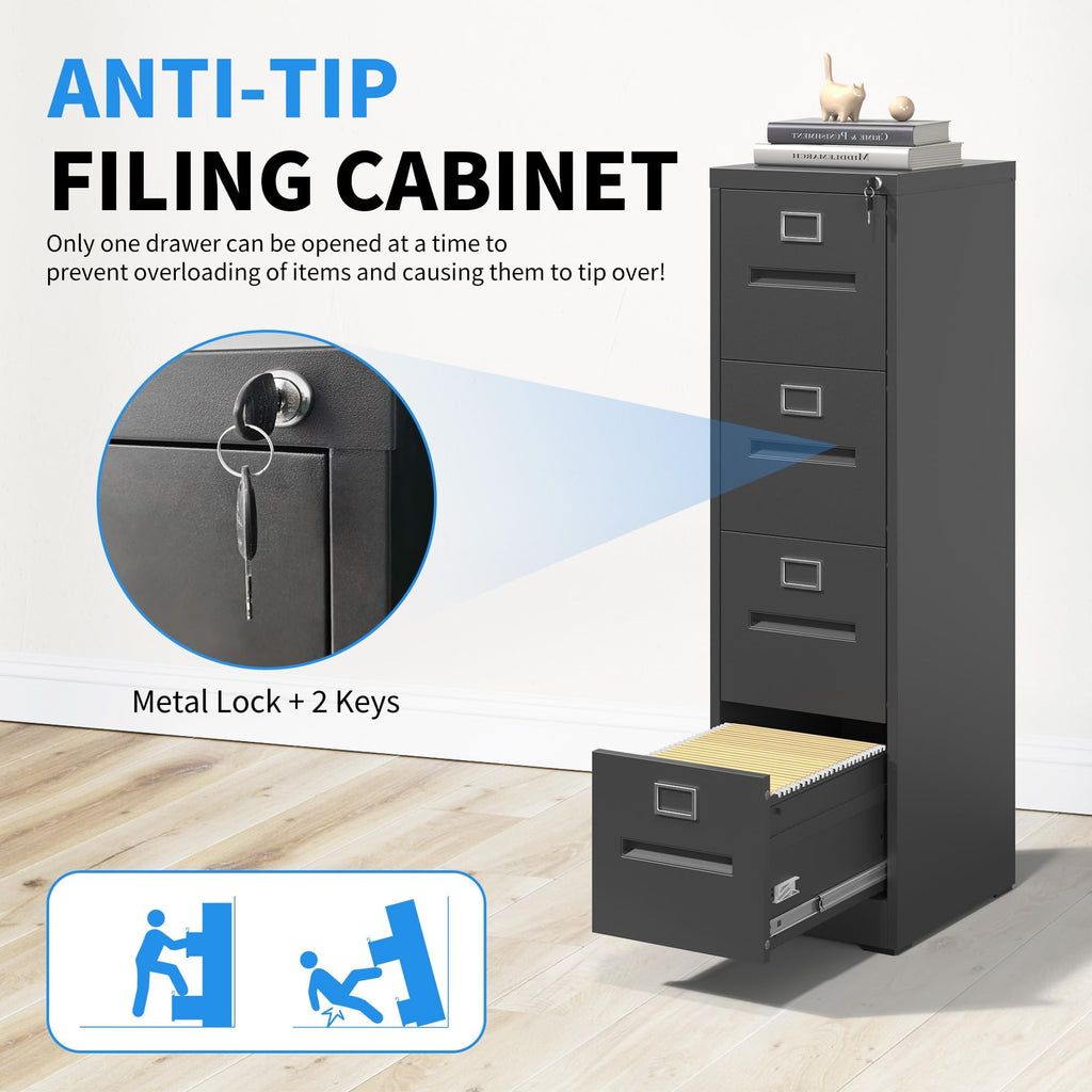 Black 4 Drawer Metal File Cabinet with Lock E408