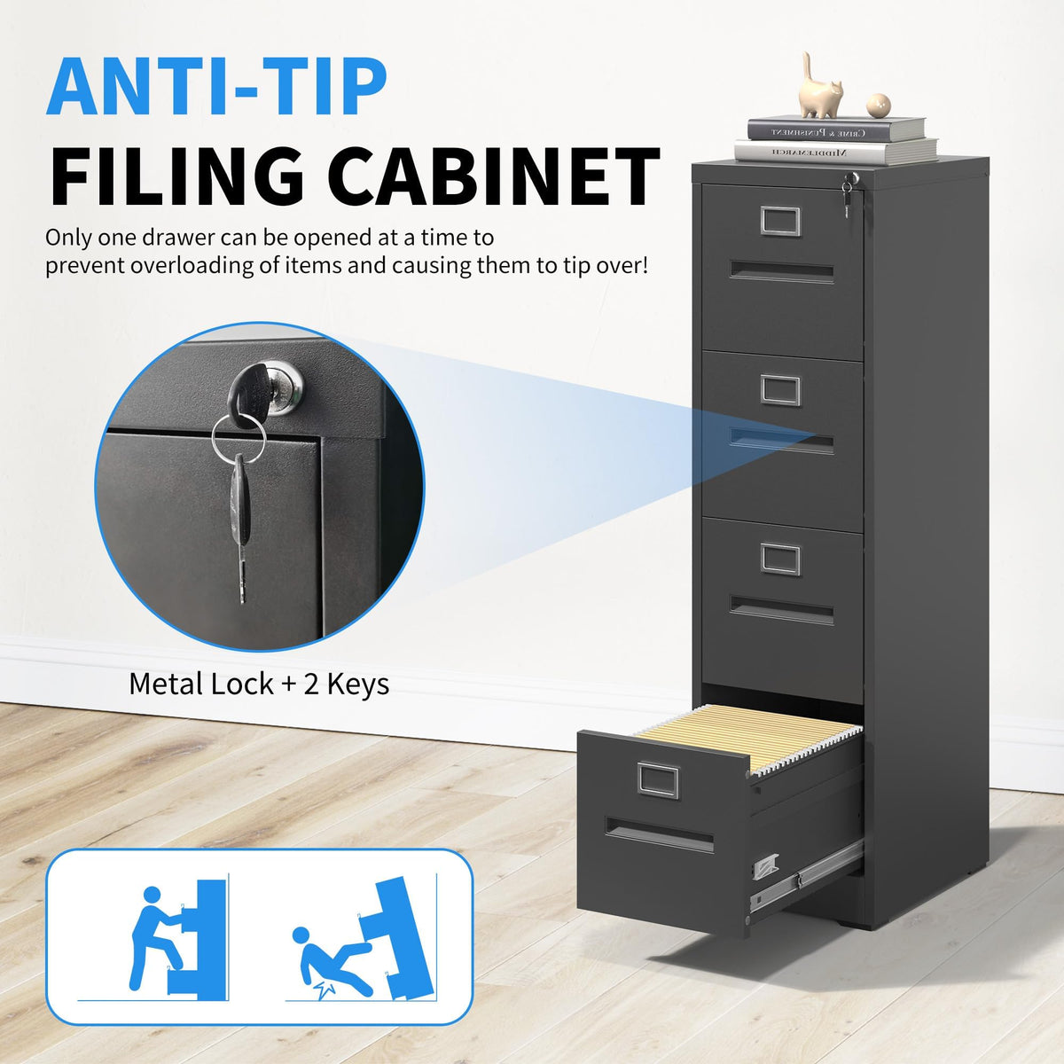 Black 4 Drawer Metal File Cabinet with Lock E408