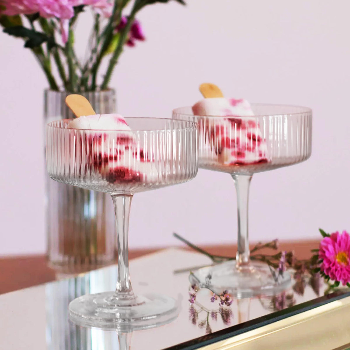 Ribbed Coupe Glasses Set of 6, 9 oz Crystal Cocktail Glassware T281