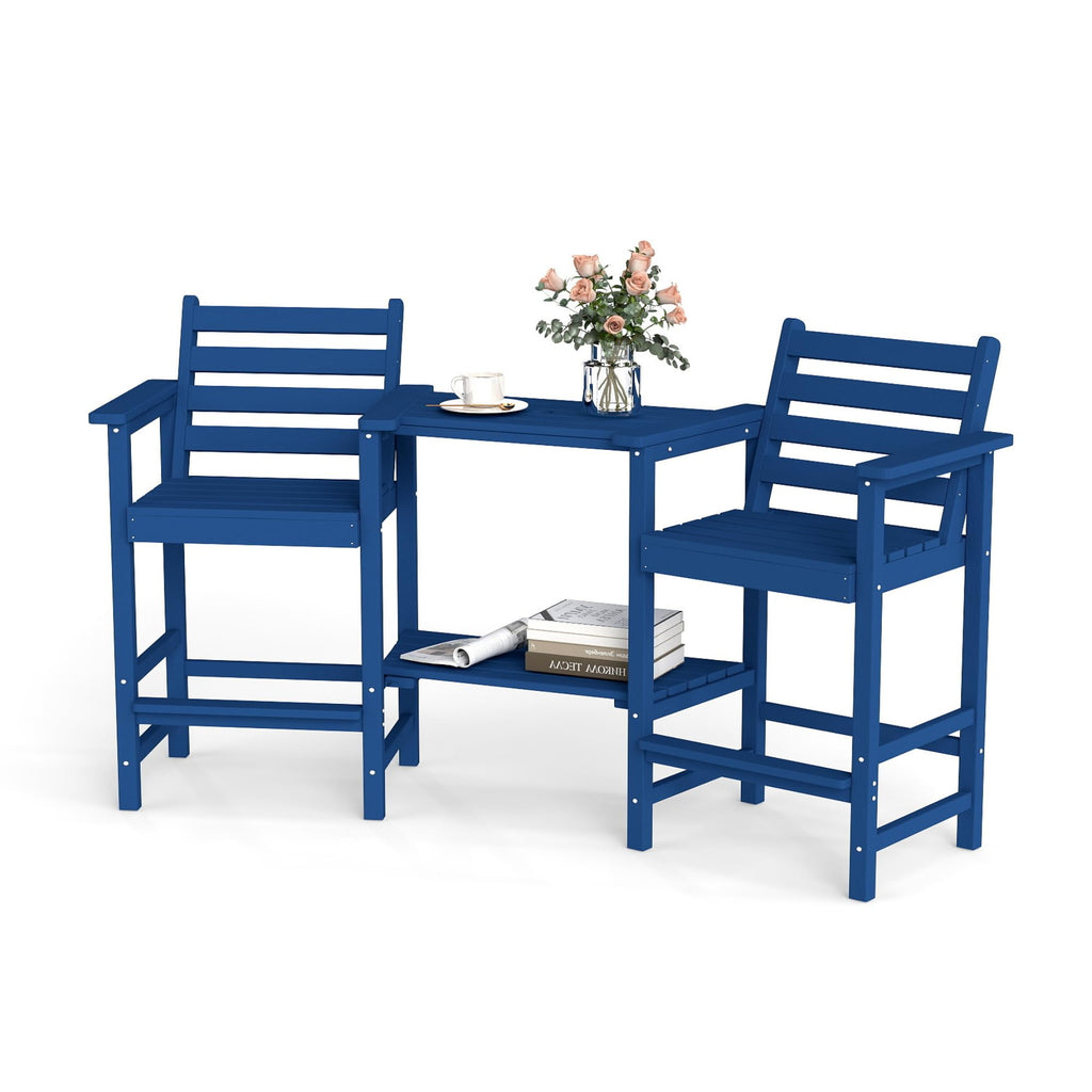 Tall Adirondack Chairs Set of 2, Bar Height HDPE Outdoor Chairs with Connecting Tray & Umbrella Hole, Navy Blue J73678