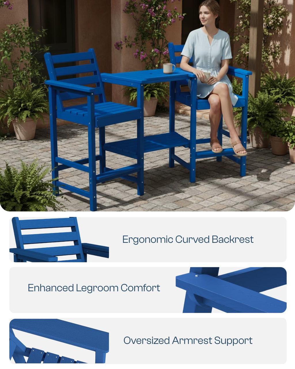 Tall Adirondack Chairs Set of 2, Bar Height HDPE Outdoor Chairs with Connecting Tray & Umbrella Hole, Navy Blue J73678