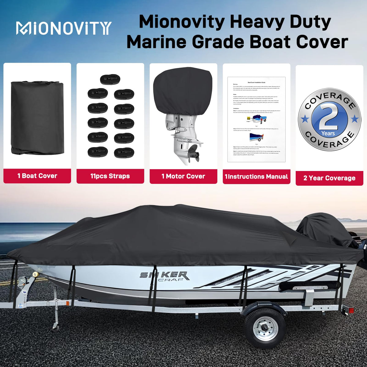 1200D Heavy Duty Waterproof Boat Cover 14-16ft Black P113