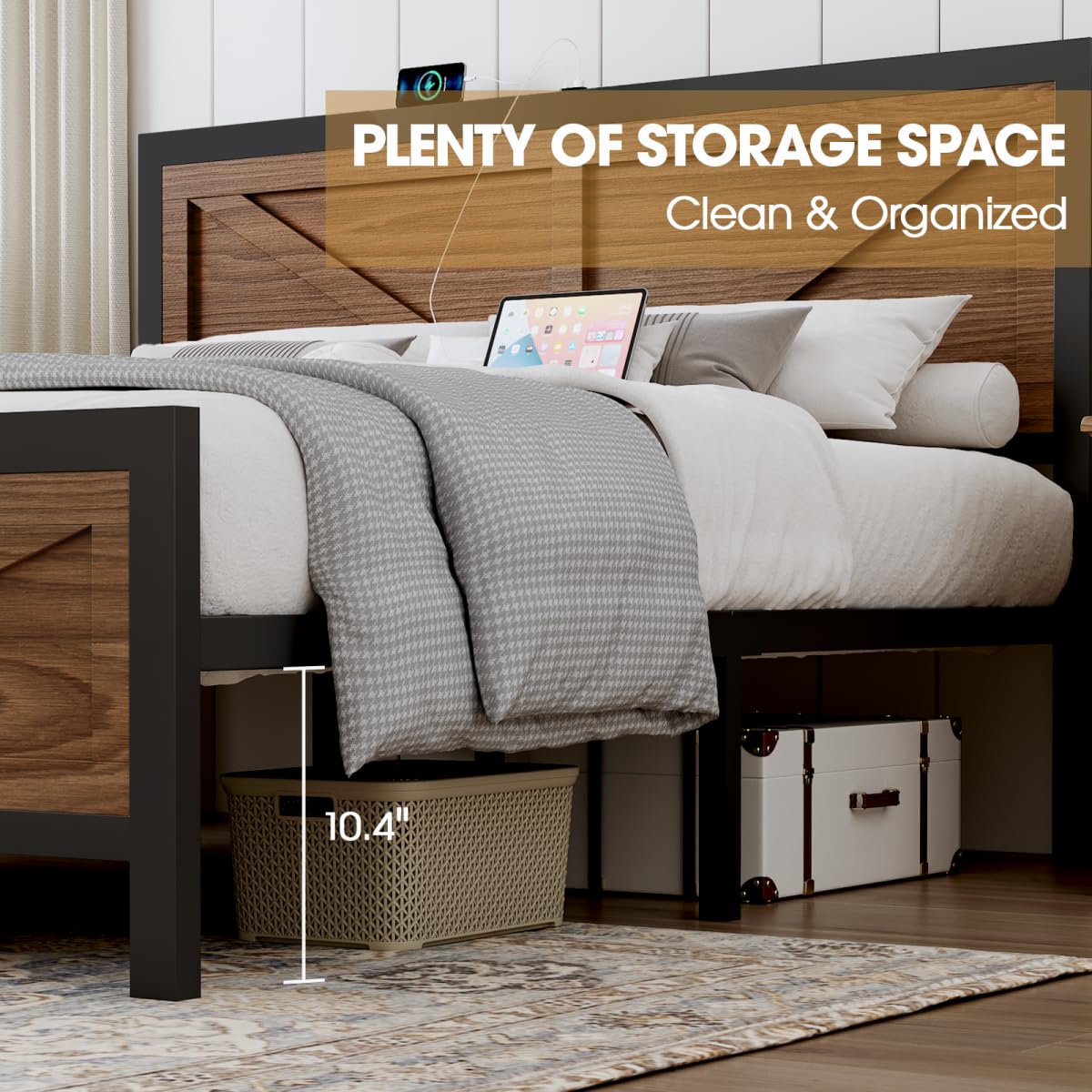 Queen Size Metal Platform Bed Frame with Storage O7908