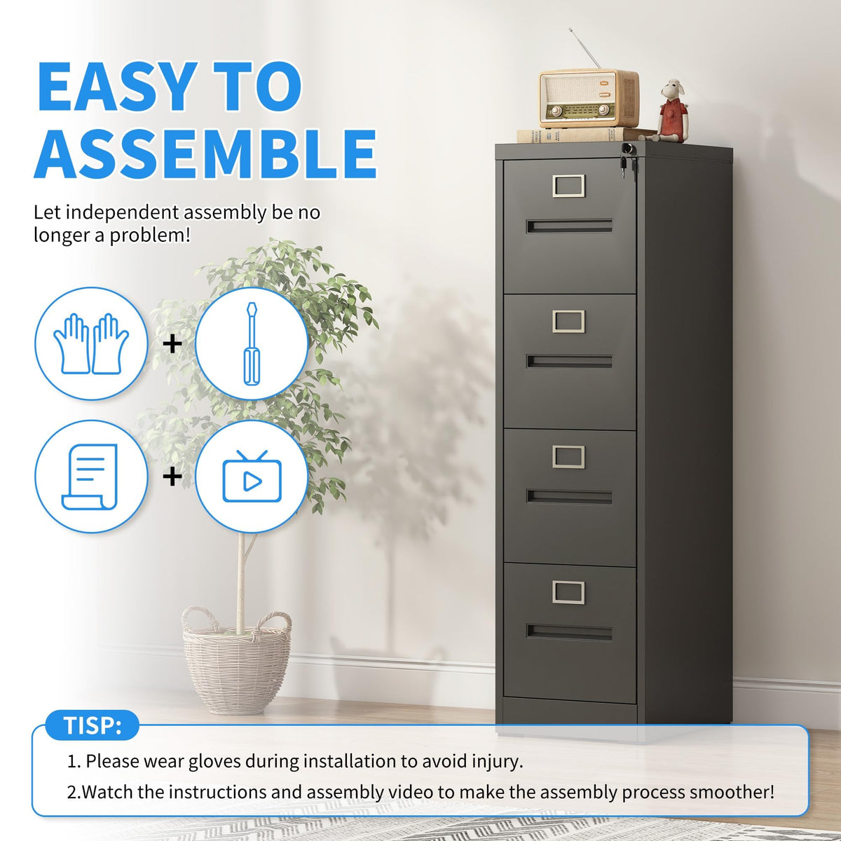 Black 4 Drawer Metal File Cabinet with Lock E408